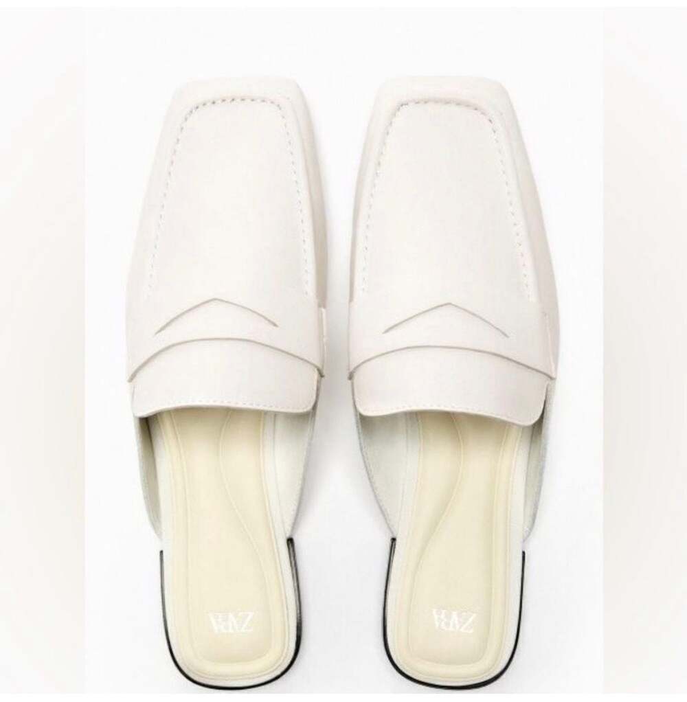 ZARA Woman White Square Toe 100% Leather Mules Size 38/US 8